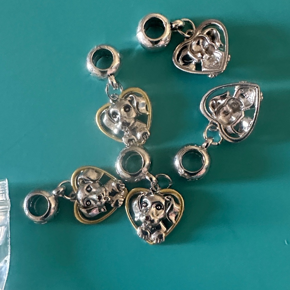 (5) Dog Heart Charm Beads with Silver and Gold Accents